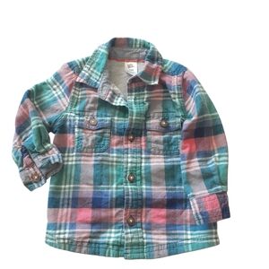 OshKosh B'gosh Plaid Button Down Shirt Lined Long Sleeved Blue Green Pink 12M